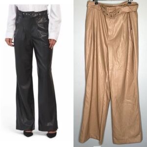 7 For All Mankind Faux Vegan Leather Pants Belted Pleated Tan Beige Wide‎ Leg L